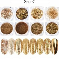 Merkloos Glitter Poeder Nail Art Set - 8 Stuks - Goud / Chroom / Brons - Nagel Decoratie Strass