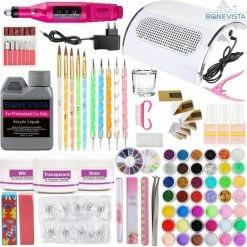 Bone Vista Acrylnagels Starterspakket | Acryl Nagels Starter Kit Set - Nail Art Pakket - 42 Kleuren Acryl Poeders/Glitters - 500 Franse Tips - Inclusief Nagelfreesmachine En Stofafzuiger