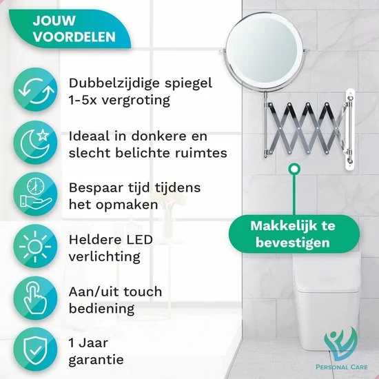 Personal Care Make Up En Scheer Spiegel - LED Verlichting - 5x Vergroting - Badkamer - Dubbelzijdig - 360 Draaibaar - Batterijen 2 Personal Care Make Up En Scheer Spiegel - LED Verlichting - 5x Vergroting - Badkamer - Dubbelzijdig - 360 Draaibaar - Batterijen - Afbeelding 2
