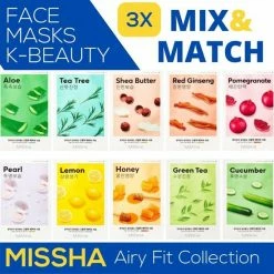 MISSHA Mix & Match Mask Pack: 3 X MISSHA Korean Face Mask - Verassing Set Korean Face Sheet Mask - Airy Fit Collection - Gezichtsverzorging - Koreaanse Huidverzorging