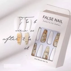 Merkloos Press On Nails - Nep Nagels - Marble - Wit Oranje - Coffin - Manicure - Plak Nagels - Kunstnagels Nailart - Zelfklevend