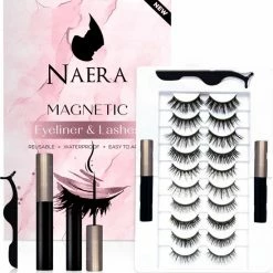 Naera Magnetische Wimpers Set - Inclusief Wimperzetter En 2 Flesjes Waterproof Eyeliner - 30 Keer Herbruikbaar - 10 Paar