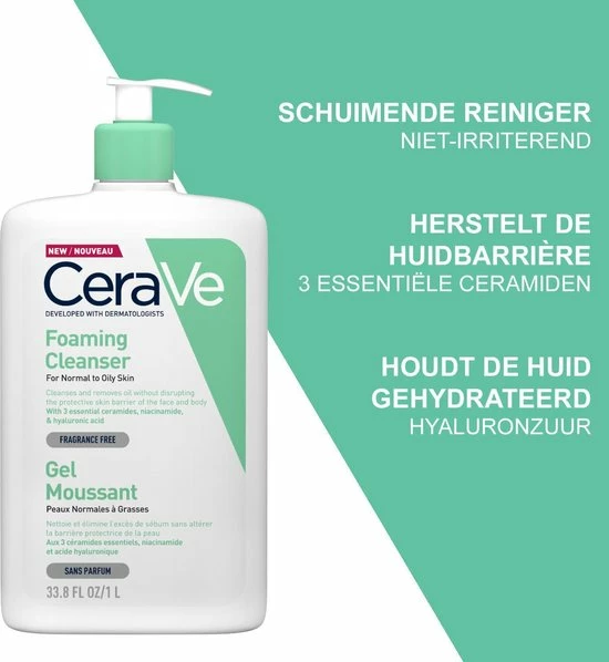 CeraVe - Foaming Cleanser - Reinigingsgel - Normale Tot Vette Huid - 1000 Ml 3 CeraVe - Foaming Cleanser - Reinigingsgel - Normale Tot Vette Huid - 1000 Ml - Afbeelding 3