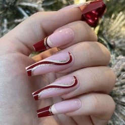 Merkloos Rode Gouden Nagels - Plaktabs - Plaknagels - Kerst - Lang