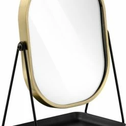 Navaris Make-up Spiegel - Tafelspiegel Met Opbergruimte Voor Sieraden - Staande Cosmeticaspiegel Met Twee Kanten - Met 3x Vergroting - Zwart/Goud